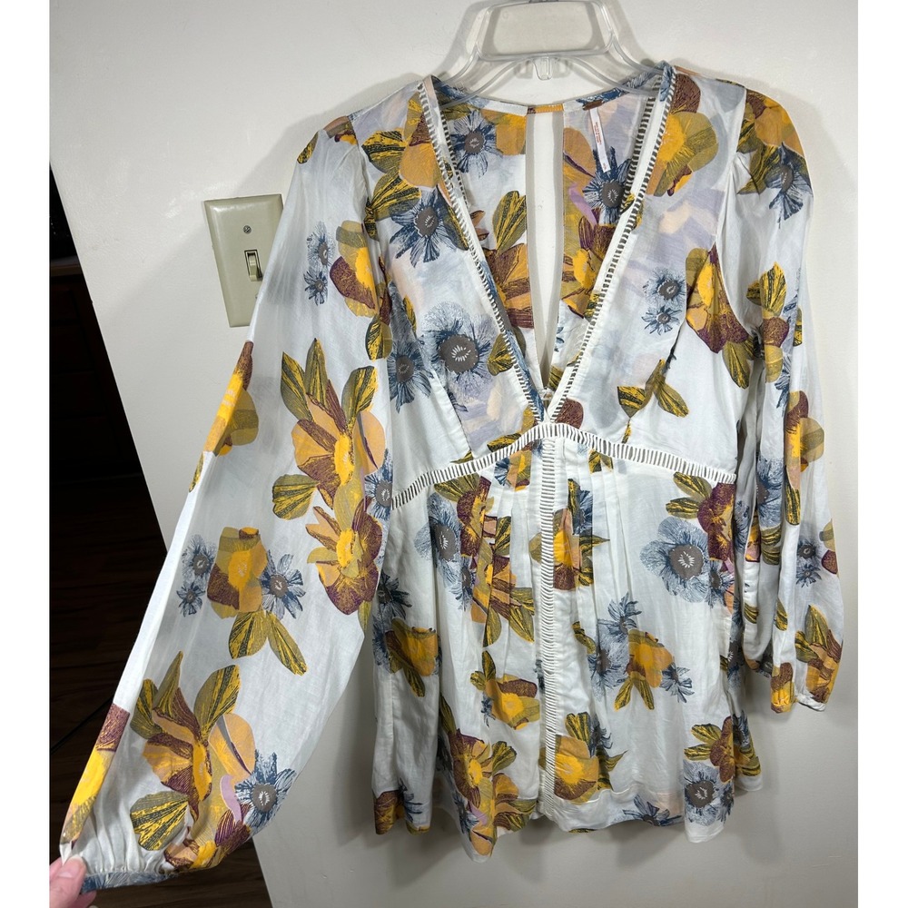 Free People Strawberry Fields Floral Tunic Mini Dress Womens S White Yellow BOHO